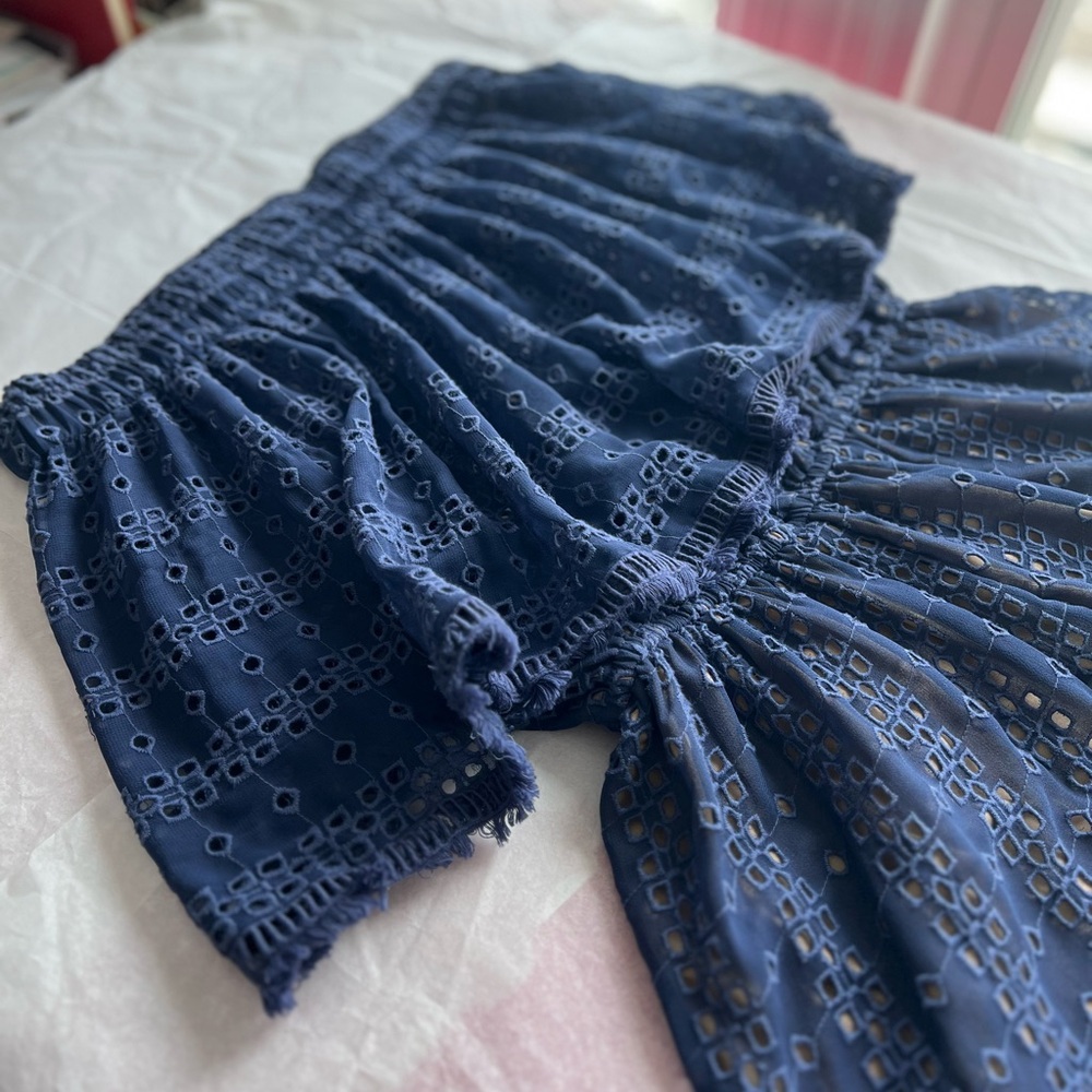 EUC Ranna Gill Romper sz S Anthropologie Deep Blue Off-The-Shoulder Eyelet Boho